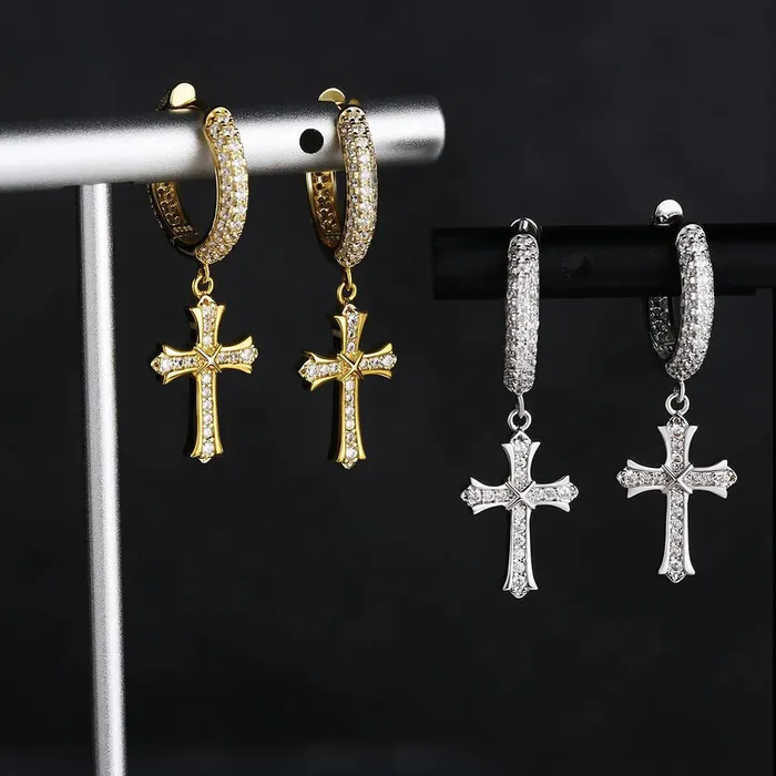 KRKC Earrings S925 Sterling Silver Diamond Iced Out Hoop Dangle Iris Cross Earrings