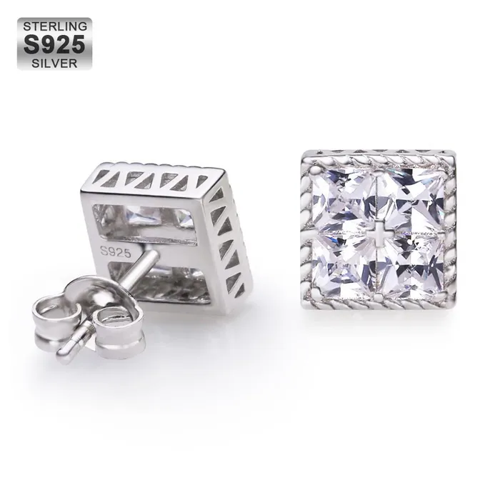KRKC Princess Cut Diamond CZ Square Stud Mens Earrings Earrings