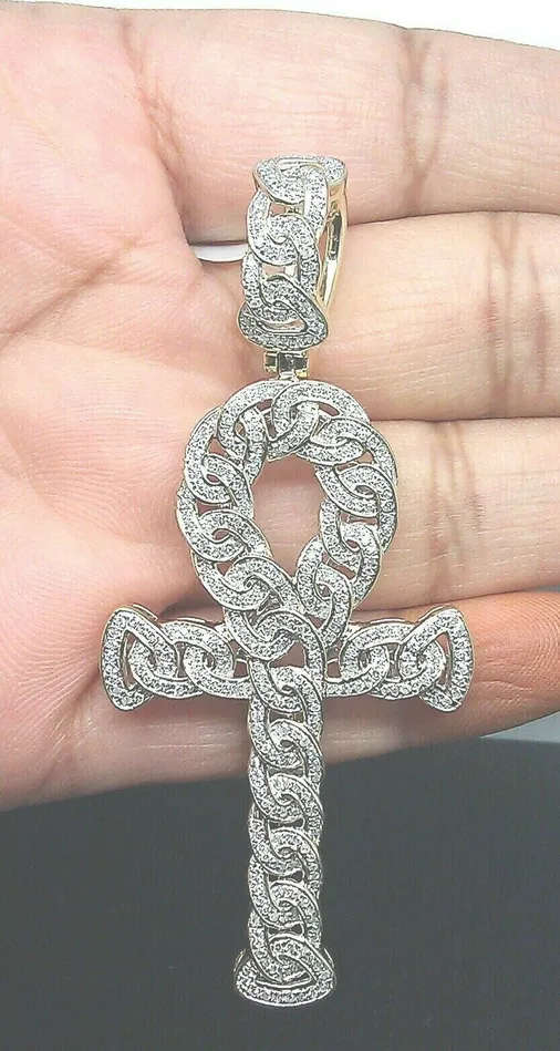 PreStyled Sets Real 10K gold Diamond Cross Ankh Charm Pendant 1 CT Genuine Diamond Yellow Gold Gold and Diamond
