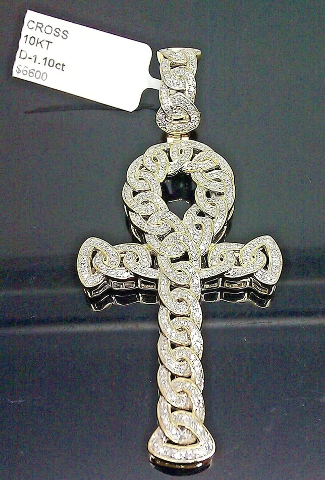 PreStyled Sets Real 10K gold Diamond Cross Ankh Charm Pendant 1 CT Genuine Diamond Yellow Gold Gold and Diamond