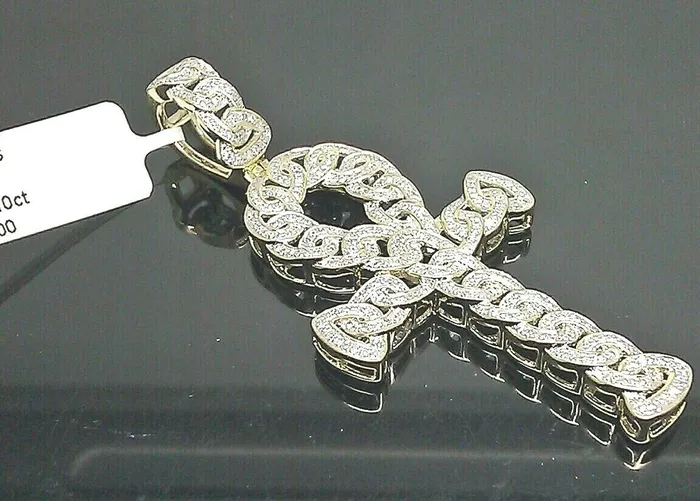 PreStyled Sets Real 10K gold Diamond Cross Ankh Charm Pendant 1 CT Genuine Diamond Yellow Gold Gold and Diamond