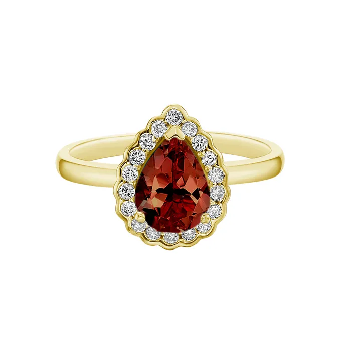 Rings Diamond Evolution 10kt Yellow Gold Garnet Pear Cut with Diamond Halo Ring Rings Diamond Evolution 10kt Yellow Gold Garnet Pear Cut with Diamond Halo Ring