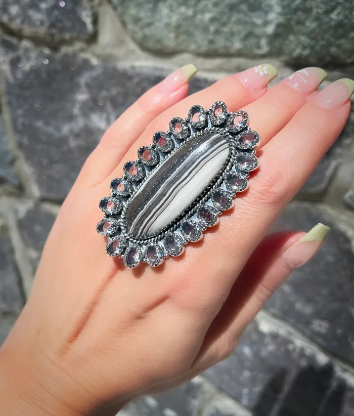Sophiareneboutiquecom Rings Sterling Silver Zebraa Calcite White Topaz Cluster Rings