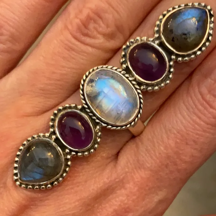 Sophiareneboutique Rings Sterling Silver Labradorite Moonstone Amethyst Crawler Ring