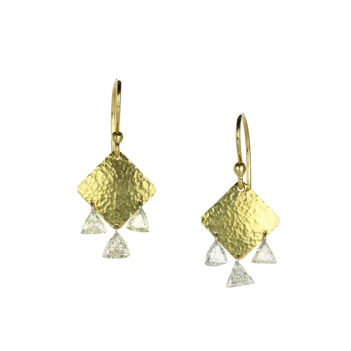 Todd Pownell Earrings Hammered Gold Drop Earrings with Trillion Diamonds