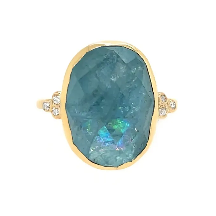 Aquamarine Checkerboard Ring with Diamond clusters in 14k gold Emily Amey Jewelry Rings Aquamarine Checkerboard Ring with Diamond clusters in 14k gold Emily Amey Jewelry Rings
