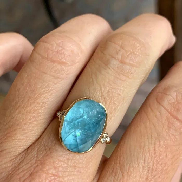 Aquamarine Checkerboard Ring with Diamond clusters in 14k gold Emily Amey Jewelry Rings