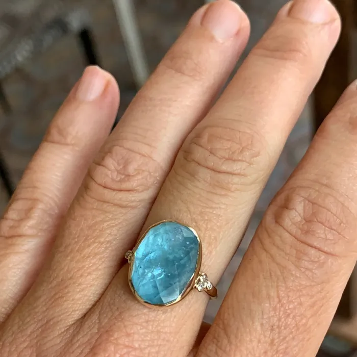 Aquamarine Checkerboard Ring with Diamond clusters in 14k gold Emily Amey Jewelry Rings