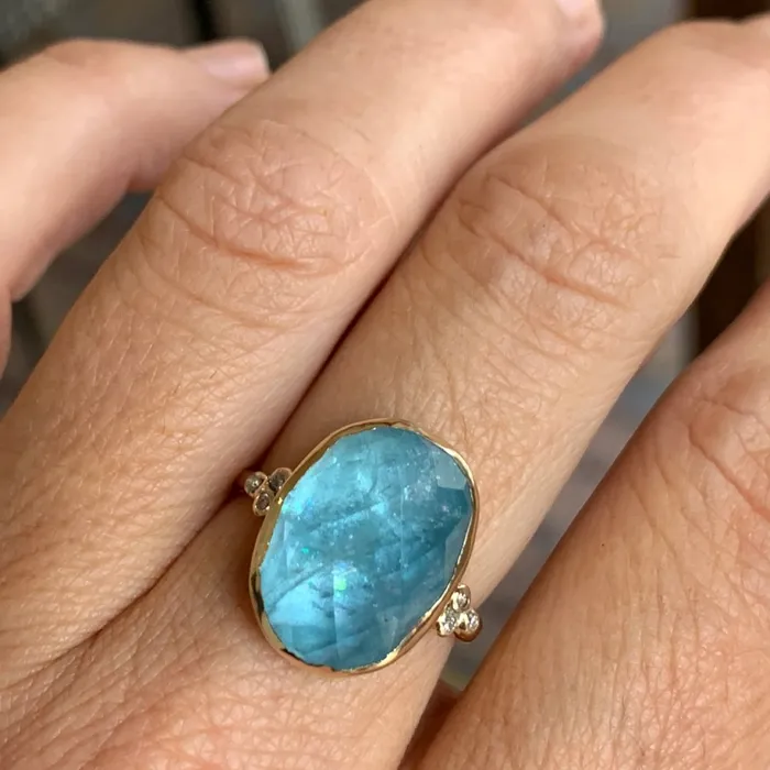 Aquamarine Checkerboard Ring with Diamond clusters in 14k gold Emily Amey Jewelry Rings