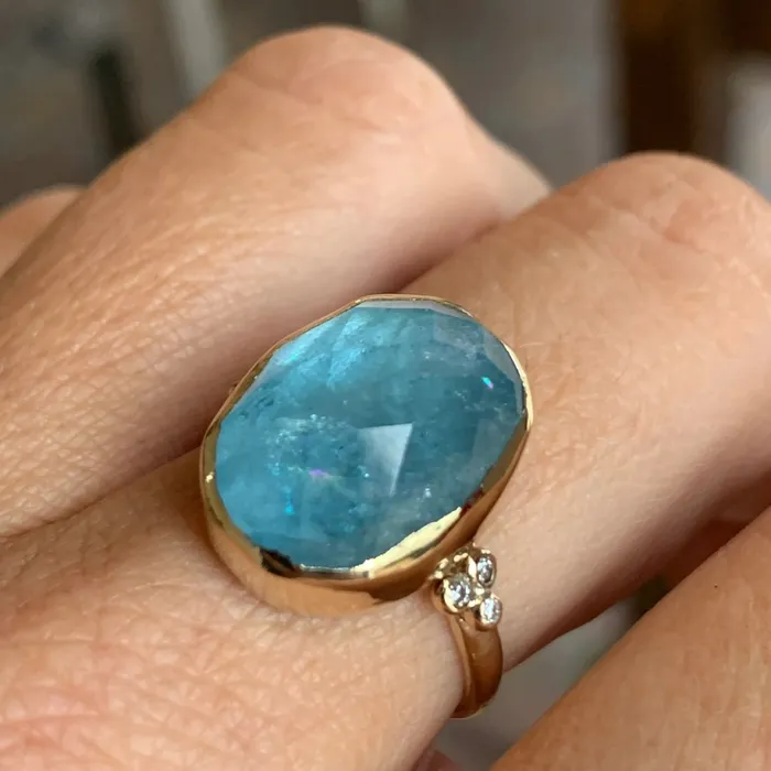 Aquamarine Checkerboard Ring with Diamond clusters in 14k gold Emily Amey Jewelry Rings