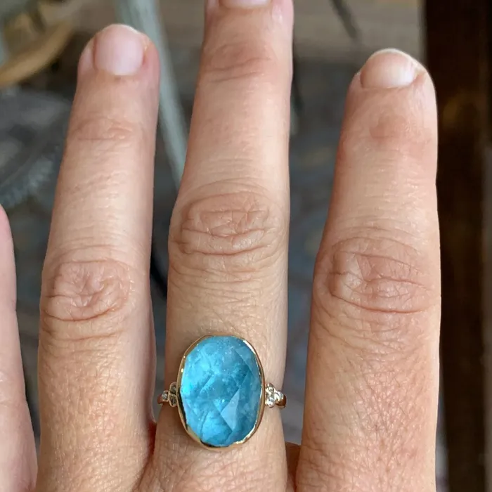 Aquamarine Checkerboard Ring with Diamond clusters in 14k gold Emily Amey Jewelry Rings