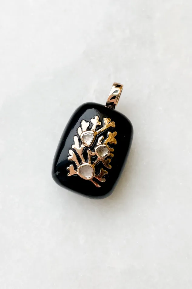 DEZSO Charm Necklaces Petite Gold Coral Inlay Diamond Onyx Charm