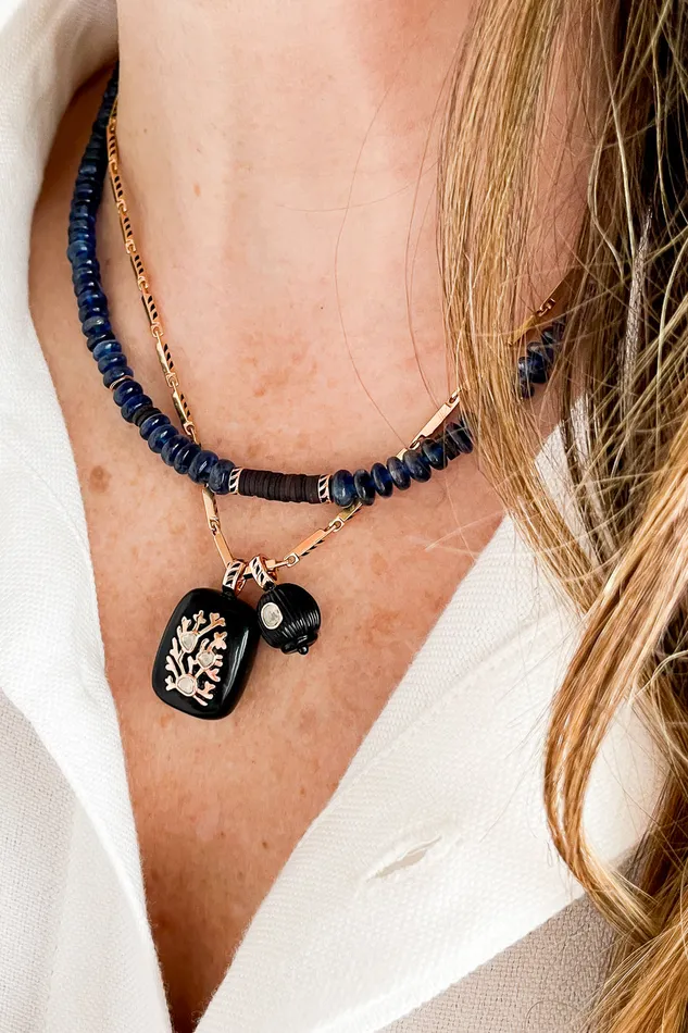 DEZSO Charm Necklaces Petite Gold Coral Inlay Diamond Onyx Charm DEZSO Charm Necklaces Petite Gold Coral Inlay Diamond Onyx Charm