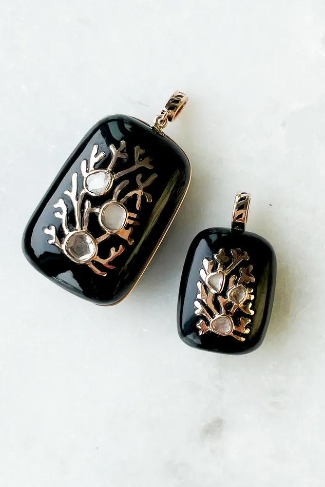 DEZSO Charm Necklaces Petite Gold Coral Inlay Diamond Onyx Charm DEZSO Charm Necklaces Petite Gold Coral Inlay Diamond Onyx Charm