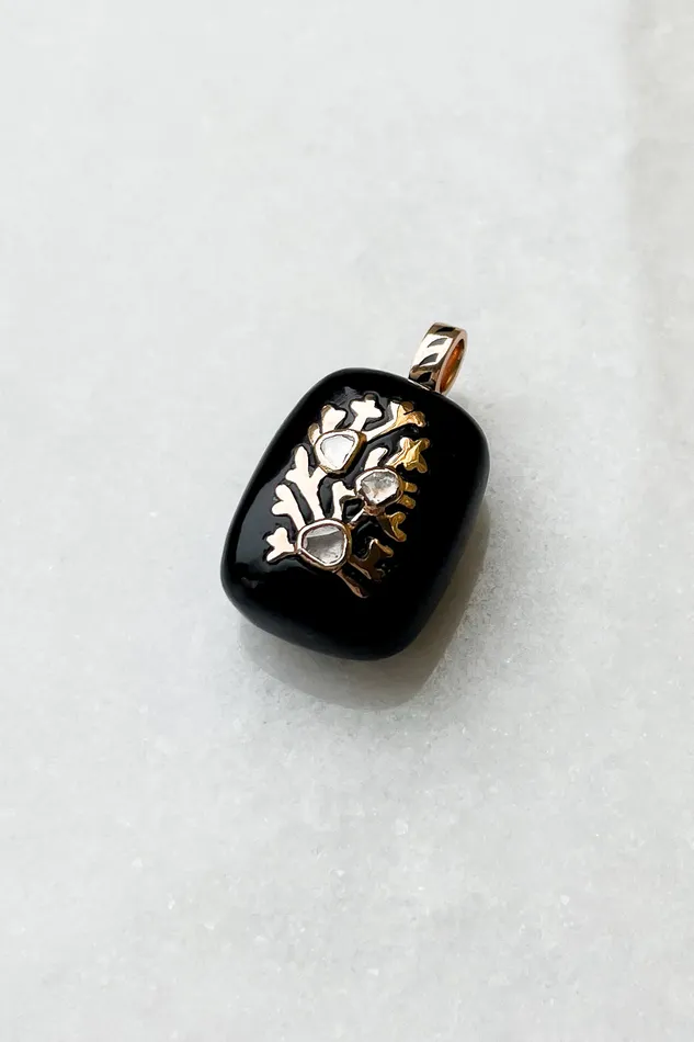 DEZSO Charm Necklaces Petite Gold Coral Inlay Diamond Onyx Charm DEZSO Charm Necklaces Petite Gold Coral Inlay Diamond Onyx Charm