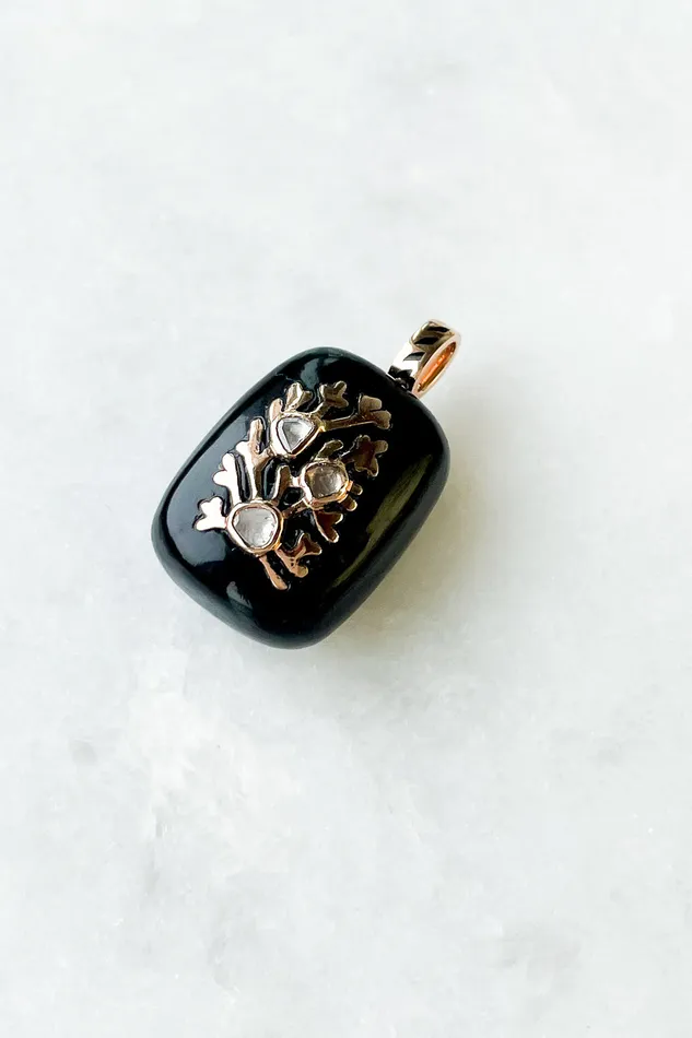 DEZSO Charm Necklaces Petite Gold Coral Inlay Diamond Onyx Charm DEZSO Charm Necklaces Petite Gold Coral Inlay Diamond Onyx Charm