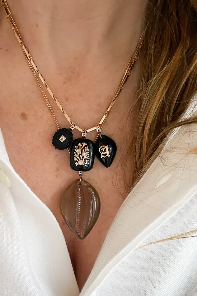 DEZSO Charm Necklaces Petite Gold Coral Inlay Diamond Onyx Charm DEZSO Charm Necklaces Petite Gold Coral Inlay Diamond Onyx Charm