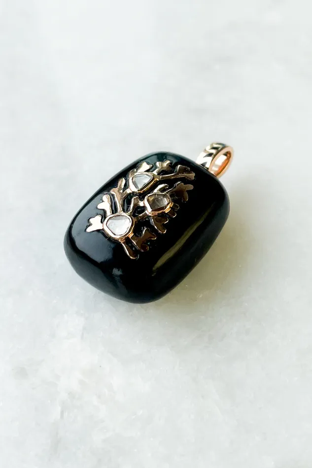 DEZSO Charm Necklaces Petite Gold Coral Inlay Diamond Onyx Charm DEZSO Charm Necklaces Petite Gold Coral Inlay Diamond Onyx Charm