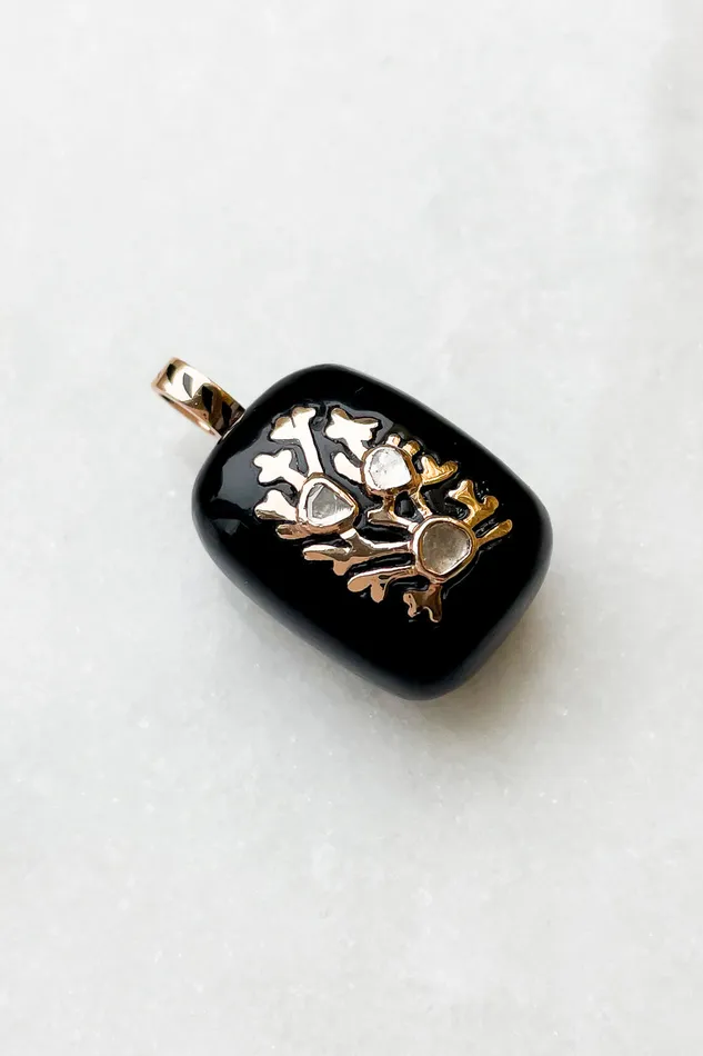 DEZSO Charm Necklaces Petite Gold Coral Inlay Diamond Onyx Charm DEZSO Charm Necklaces Petite Gold Coral Inlay Diamond Onyx Charm