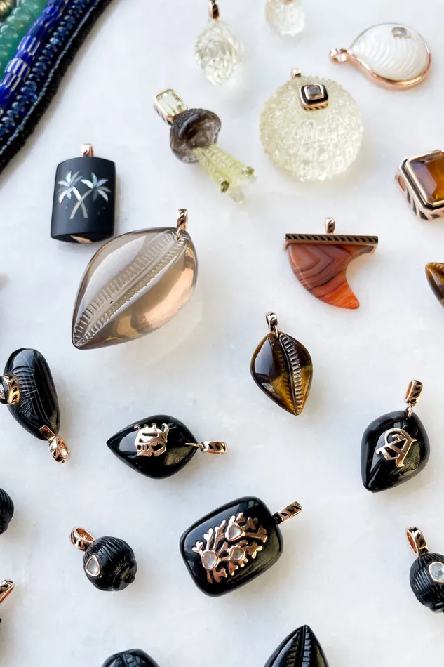 DEZSO Charm Necklaces Petite Gold Coral Inlay Diamond Onyx Charm DEZSO Charm Necklaces Petite Gold Coral Inlay Diamond Onyx Charm