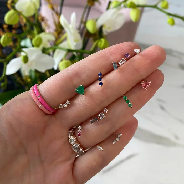 Earrings Alev Collection Three Gemstones Bar Stud