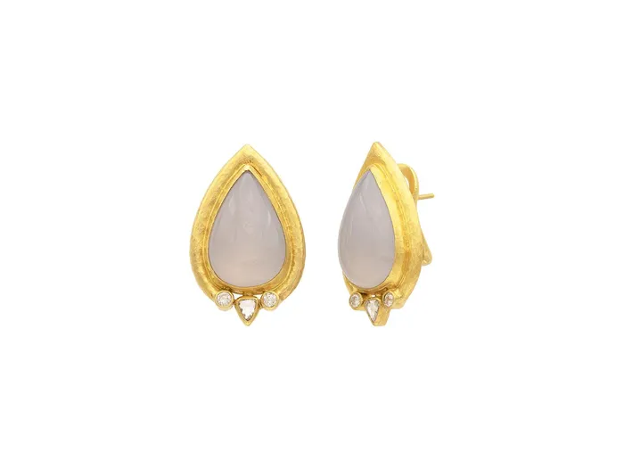 Earrings GG GOLD OOAK GURHAN Muse Gold Chalcedony Stud Earrings 22x14mm Teardrop set in Wide Frame