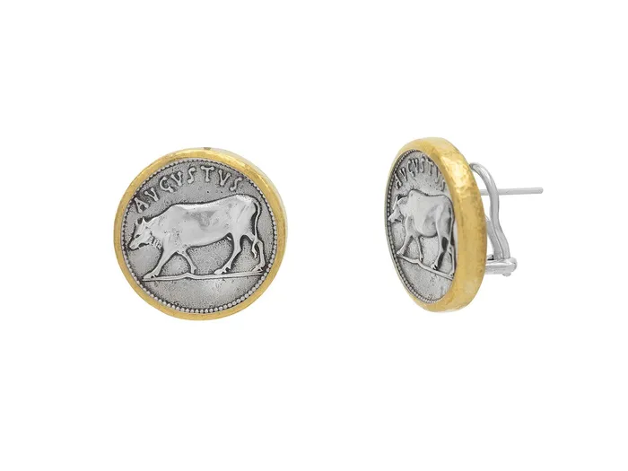 Earrings GG SILVER TRAD GURHAN Coin Sterling Silver Stud Earrings Bull Gold Accents Earrings GG SILVER TRAD GURHAN Coin Sterling Silver Stud Earrings Bull Gold Accents