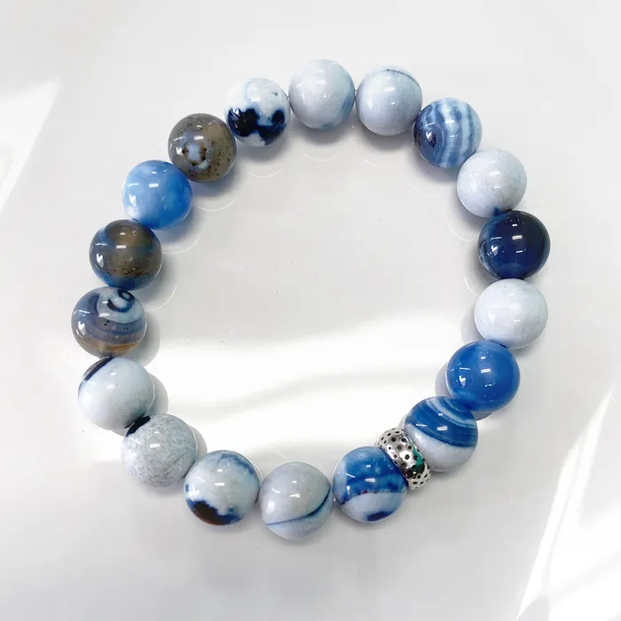 Elisa Ilana Bracelets Blue White Porcelain Agate Stretch Bracelet with Sterling Silver Charm Elisa Ilana Bracelets Blue White Porcelain Agate Stretch Bracelet with Sterling Silver Charm