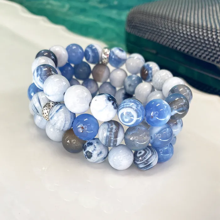 Elisa Ilana Bracelets Blue White Porcelain Agate Stretch Bracelet with Sterling Silver Charm Elisa Ilana Bracelets Blue White Porcelain Agate Stretch Bracelet with Sterling Silver Charm