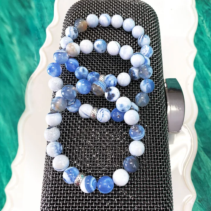 Elisa Ilana Bracelets Blue White Porcelain Agate Stretch Bracelet with Sterling Silver Charm Elisa Ilana Bracelets Blue White Porcelain Agate Stretch Bracelet with Sterling Silver Charm