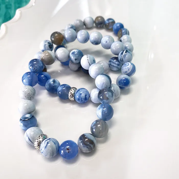Elisa Ilana Bracelets Blue White Porcelain Agate Stretch Bracelet with Sterling Silver Charm Elisa Ilana Bracelets Blue White Porcelain Agate Stretch Bracelet with Sterling Silver Charm
