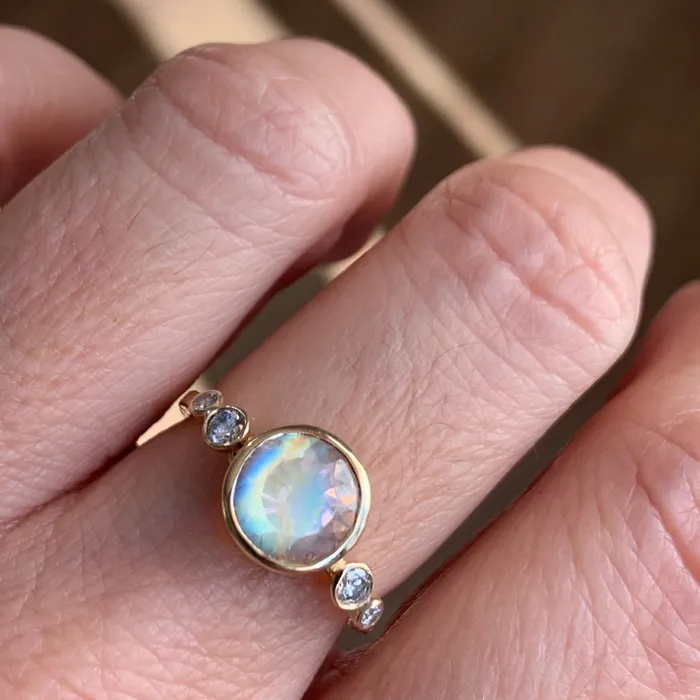 Emily Amey Jewelry Rings Rainbow Moonstone With white Diamond Ring in 14k gold