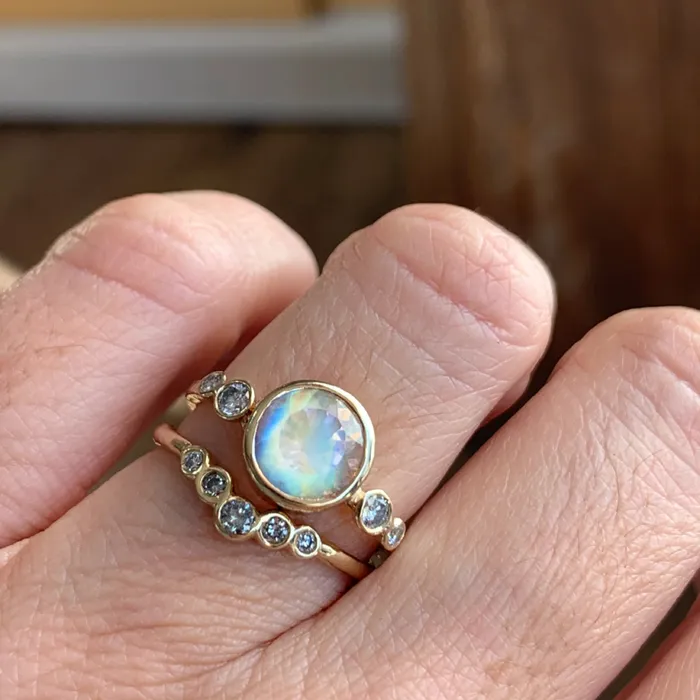 Emily Amey Jewelry Rings Rainbow Moonstone With white Diamond Ring in 14k gold