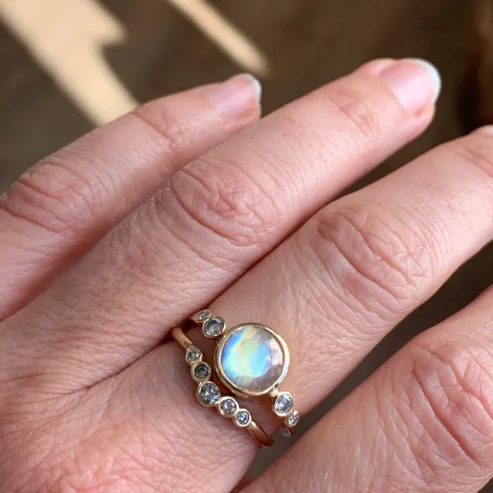 Emily Amey Jewelry Rings Rainbow Moonstone With white Diamond Ring in 14k gold