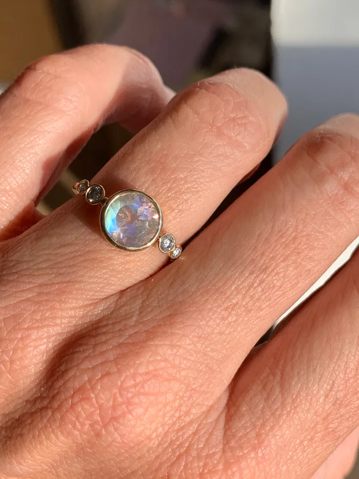 Emily Amey Jewelry Rings Rainbow Moonstone With white Diamond Ring in 14k gold