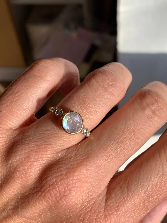 Emily Amey Jewelry Rings Rainbow Moonstone With white Diamond Ring in 14k gold