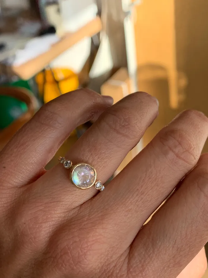 Emily Amey Jewelry Rings Rainbow Moonstone With white Diamond Ring in 14k gold
