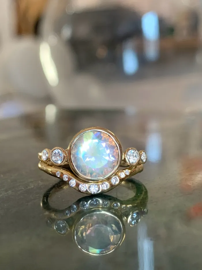 Emily Amey Jewelry Rings Rainbow Moonstone With white Diamond Ring in 14k gold