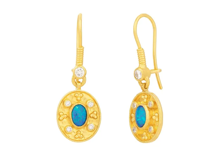 GG GOLD OOAK GURHAN Muse Gold Opal Single Drop Earrings 14x12mm Oval Medallion on Wire Hook Earrings GG GOLD OOAK GURHAN Muse Gold Opal Single Drop Earrings 14x12mm Oval Medallion on Wire Hook Earrings