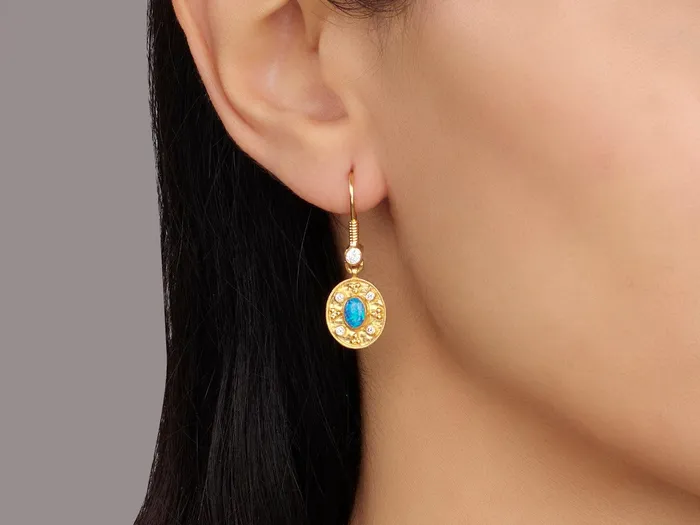 GG GOLD OOAK GURHAN Muse Gold Opal Single Drop Earrings 14x12mm Oval Medallion on Wire Hook Earrings GG GOLD OOAK GURHAN Muse Gold Opal Single Drop Earrings 14x12mm Oval Medallion on Wire Hook Earrings