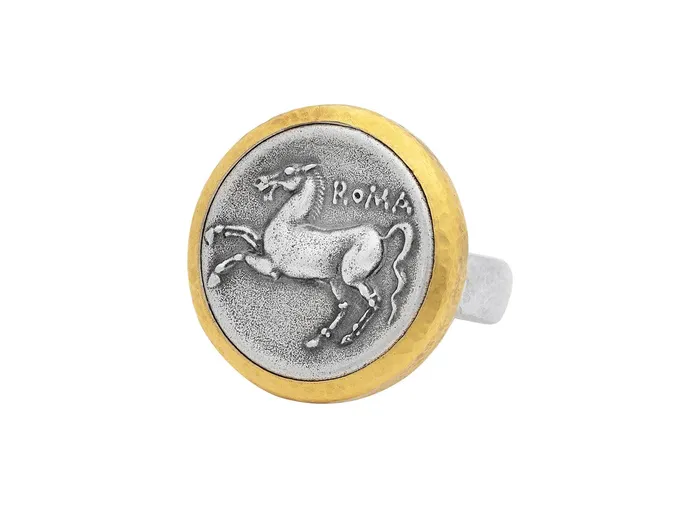GG SILVER TRAD Rings GURHAN Coin Sterling Silver Cocktail Ring Horse Design Gold Accents GG SILVER TRAD Rings GURHAN Coin Sterling Silver Cocktail Ring Horse Design Gold Accents