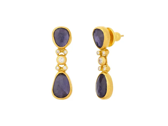 GURHAN Elements Gold Iolite Single Drop Earrings Double Amorphous Shapes GG GOLD OOAK Earrings GURHAN Elements Gold Iolite Single Drop Earrings Double Amorphous Shapes GG GOLD OOAK Earrings