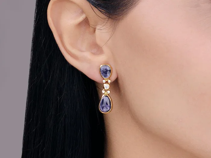 GURHAN Elements Gold Iolite Single Drop Earrings Double Amorphous Shapes GG GOLD OOAK Earrings GURHAN Elements Gold Iolite Single Drop Earrings Double Amorphous Shapes GG GOLD OOAK Earrings