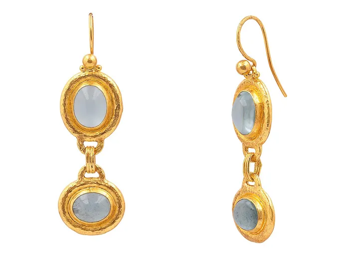 GURHAN Rune Gold Aquamarine Double Drop Earrings Mixed Oval set in Wide Frame GG GOLD CLR Earrings GURHAN Rune Gold Aquamarine Double Drop Earrings Mixed Oval set in Wide Frame GG GOLD CLR Earrings