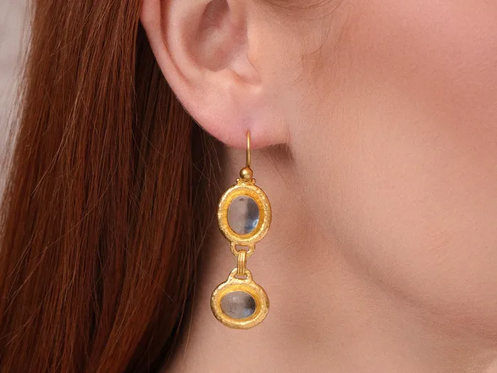 GURHAN Rune Gold Aquamarine Double Drop Earrings Mixed Oval set in Wide Frame GG GOLD CLR Earrings GURHAN Rune Gold Aquamarine Double Drop Earrings Mixed Oval set in Wide Frame GG GOLD CLR Earrings