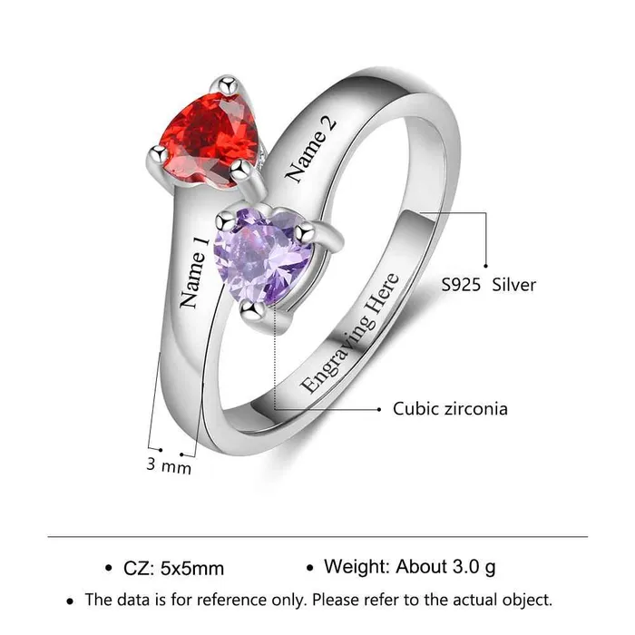 Personalized Silver Ring Engrave One Phrase Two Custom Names Two Custom Heart Birthstones Customized Gifts Ashley Jewels Rings