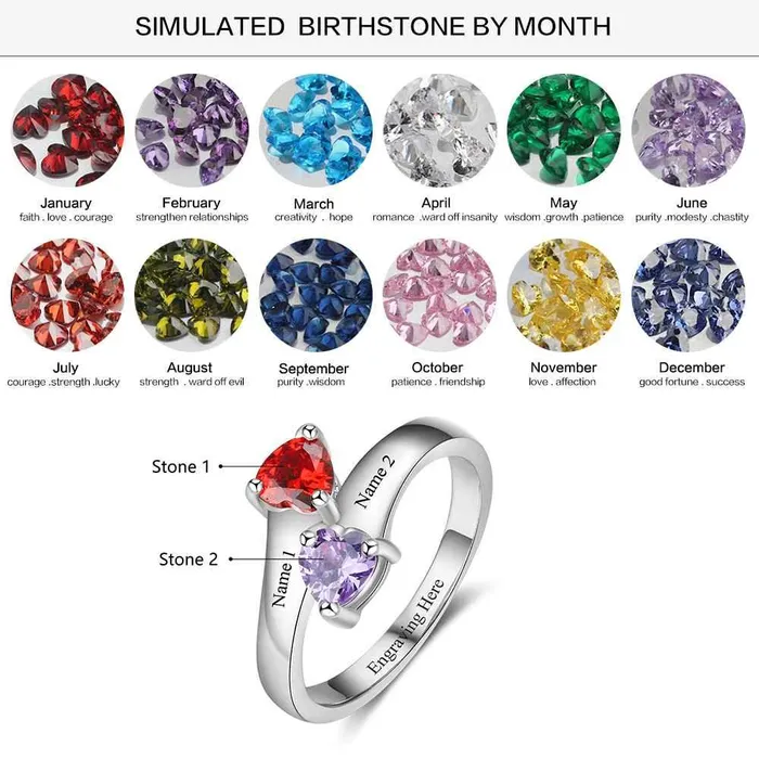 Personalized Silver Ring Engrave One Phrase Two Custom Names Two Custom Heart Birthstones Customized Gifts Ashley Jewels Rings