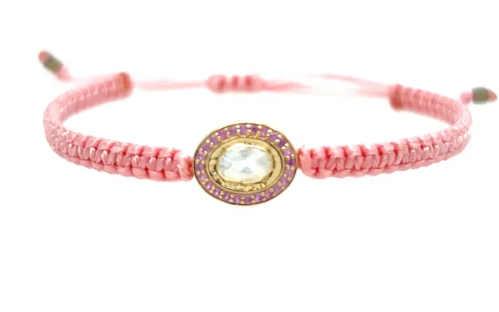 Rainbow Moonstone and Pink Tourmaline braided bracelet in 10k yellow gold Emily Amey Jewelry Bracelets