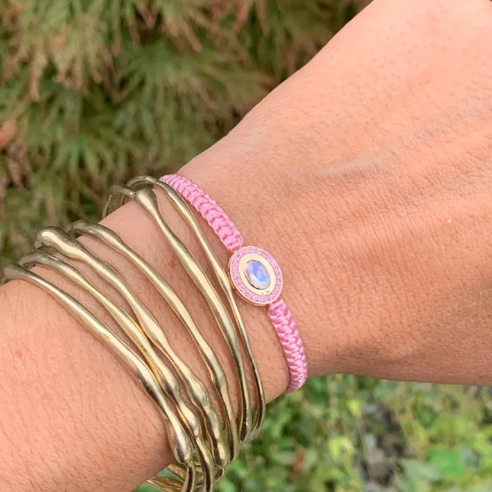 Rainbow Moonstone and Pink Tourmaline braided bracelet in 10k yellow gold Emily Amey Jewelry Bracelets