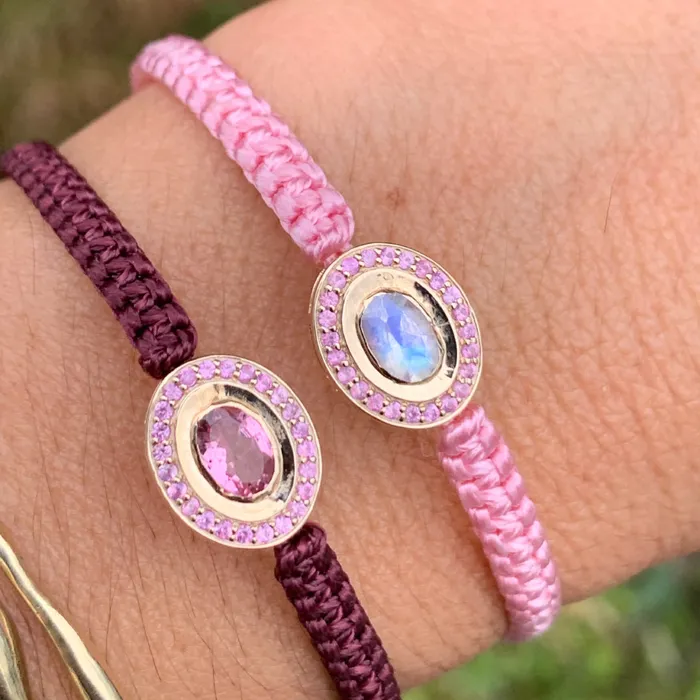 Rainbow Moonstone and Pink Tourmaline braided bracelet in 10k yellow gold Emily Amey Jewelry Bracelets
